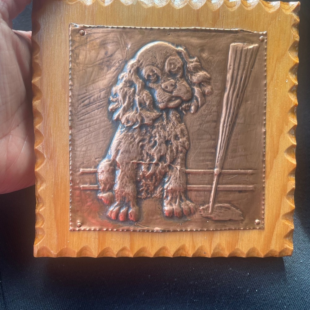 VTG Copper Relief Dog Wall Art Spaniel Wood Plaque Folk Art‎ Mixed Media 5.5in - Picture 3 of 4